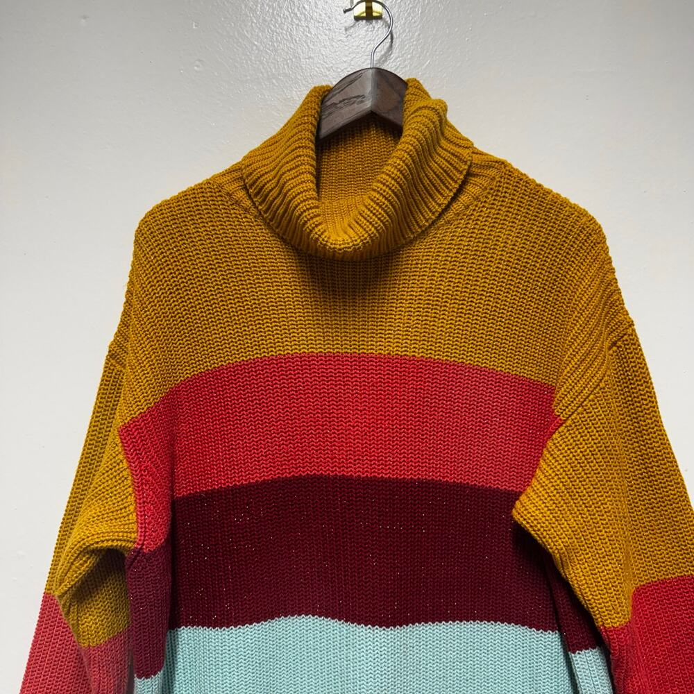 FARM Rio Striped Sweater Dress Chunky Ribbed Turtleneck L Cozy Fall Eclectic - Picture 5 of 13